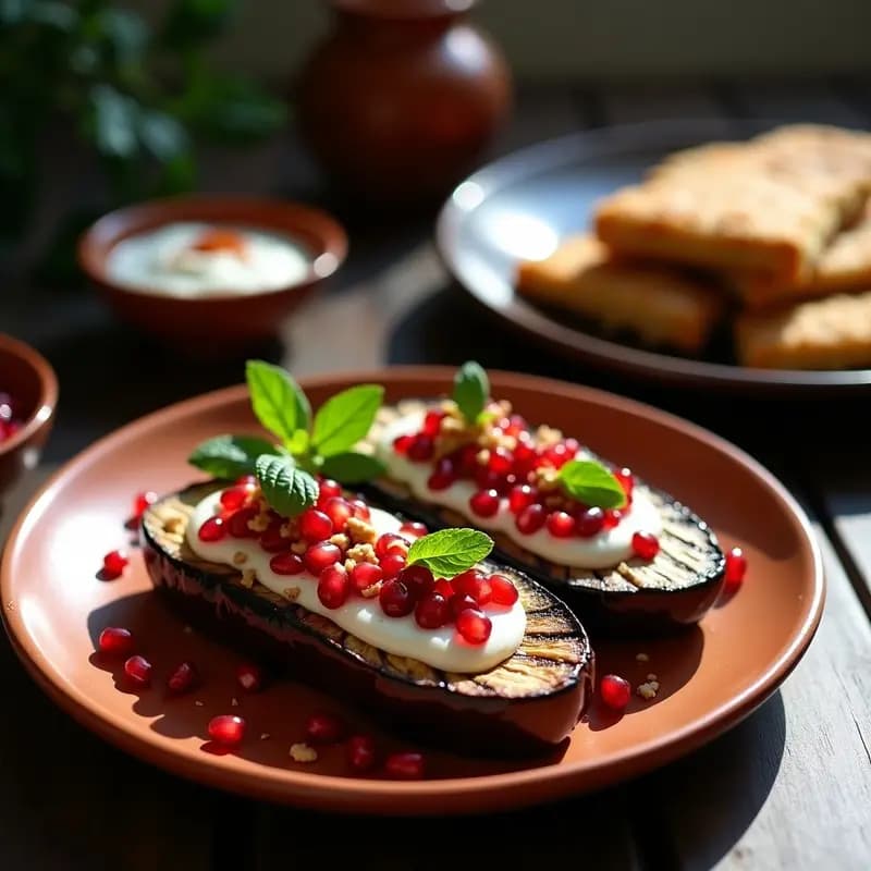 Plato rústico de barro con berenjenas asadas rellenas de yogur griego cremoso, decoradas con semillas de granada rojas, nueces trituradas y hojas de menta fresca verde, sobre fondo de madera oscura con luz natural. Receta tradicional georgiana Zestedi Bourani.