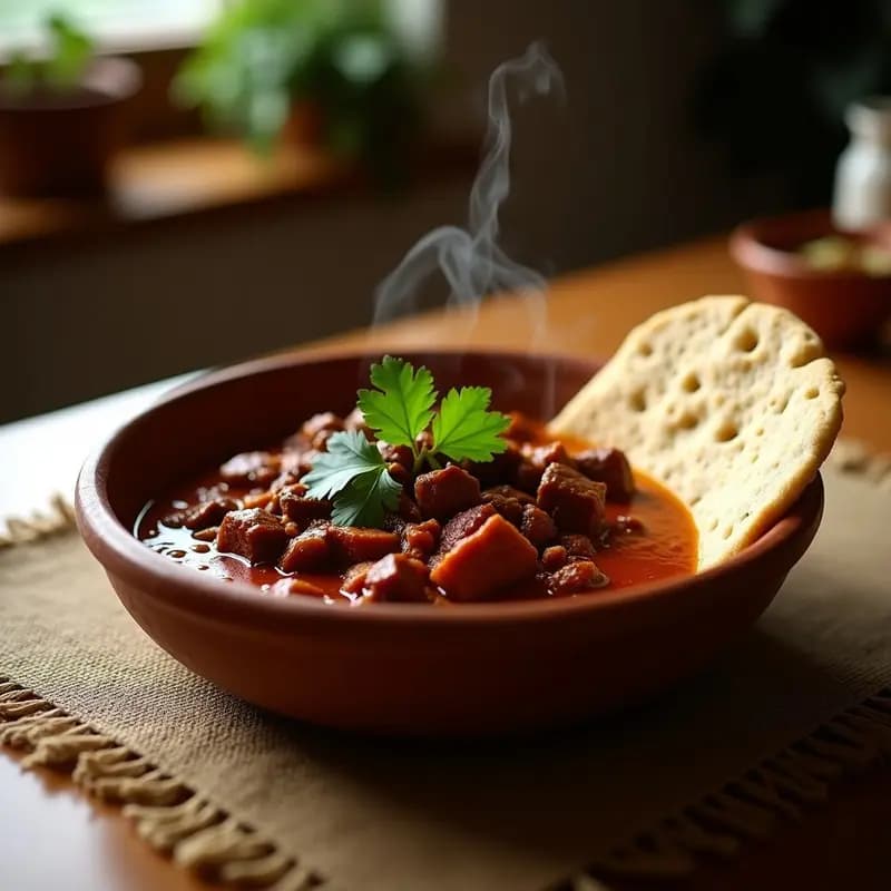 Plato hondo de barro con Zigni Eritreo, estofado de carne en salsa espesa color rojo oscuro con especias berbere, servido sobre injera de teff esponjosa y fermentada, decorado con hojas de cilantro fresco.