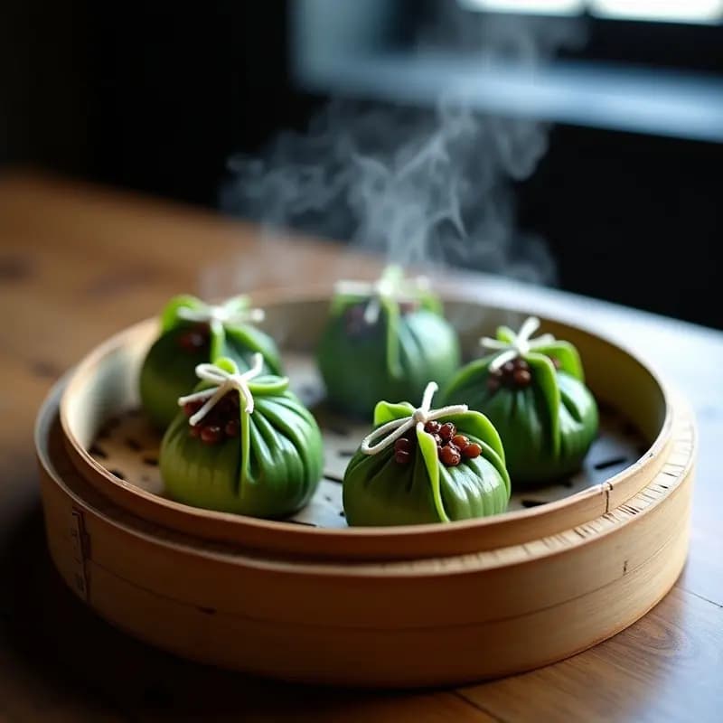 Rollitos de lechuza zongzi recién hechos, envueltos en hojas de loto verdes, con arroz glutinoso brillante y hongos shiitake visibles en el interior. Servidos en una bandeja de bambú con cebollino fresco picado como decoración, receta tradicional china de arroz glutinoso y hongos shiitake.