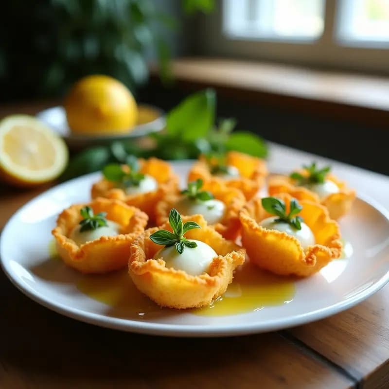 Plato blanco con Zucchini Flowers Fritti doradas y crujientes, rellenas de ricotta cremosa y hierbas italianas, sobre un fondo de madera rústica con limones y albahaca fresca.