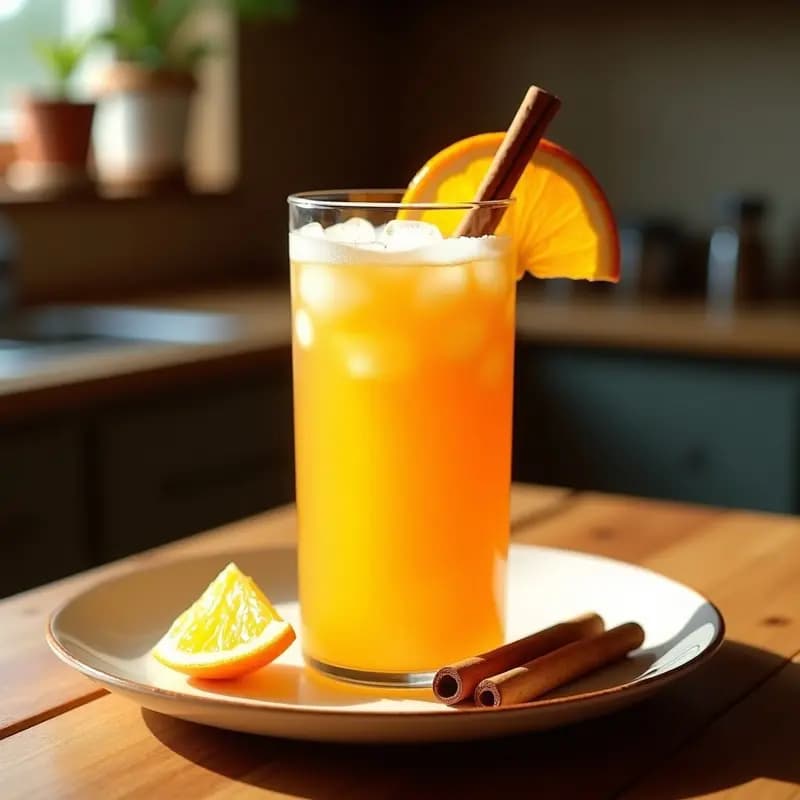 Vaso alto transparente con zumo de naranja natural y canela, servido con hielo picado, una ramita de canela y una rodaja de naranja como decoración. Bebida depurativa y vitamínica para empezar el día, con un fondo de cocina rústica y luz natural.