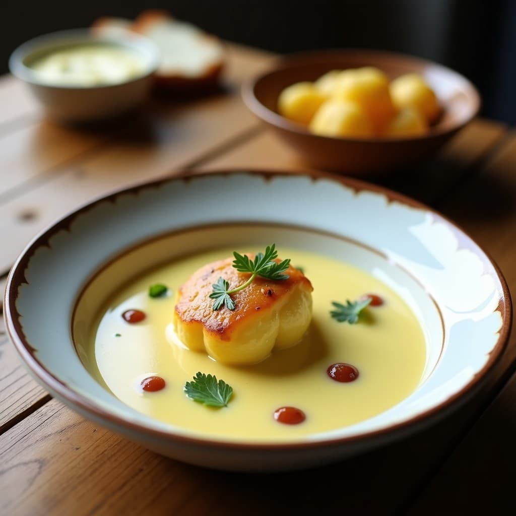 Foto de una crema de puerros y patata fría, sedosa y elegante, con cebollino fresco picado en la parte superior. Vichyssoise francesa auténtica
