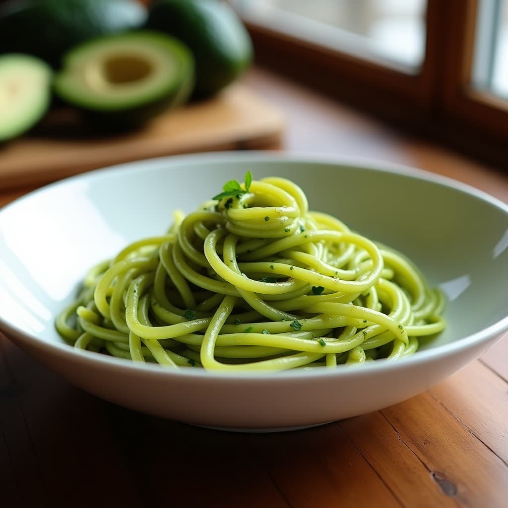 Zoodles con pesto de aguacate vegano en un plato de cerámica, con ingredientes frescos y un toque de limón