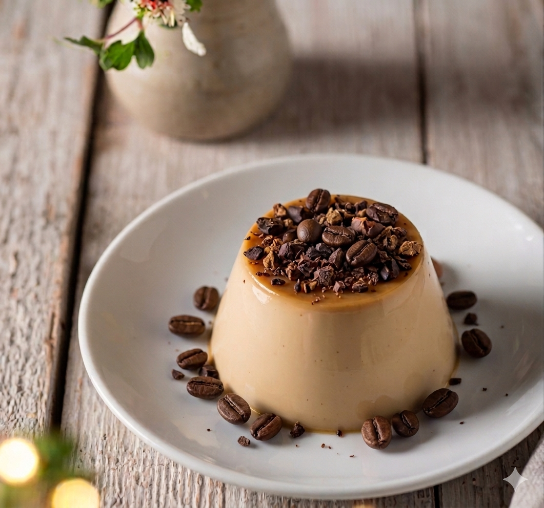 Panna cotta vegana de café y cardamomo en copas de cristal transparente, con superficie cremosa y decoración de semillas de cardamomo y virutas de chocolate negro sobre fondo rústico de madera.