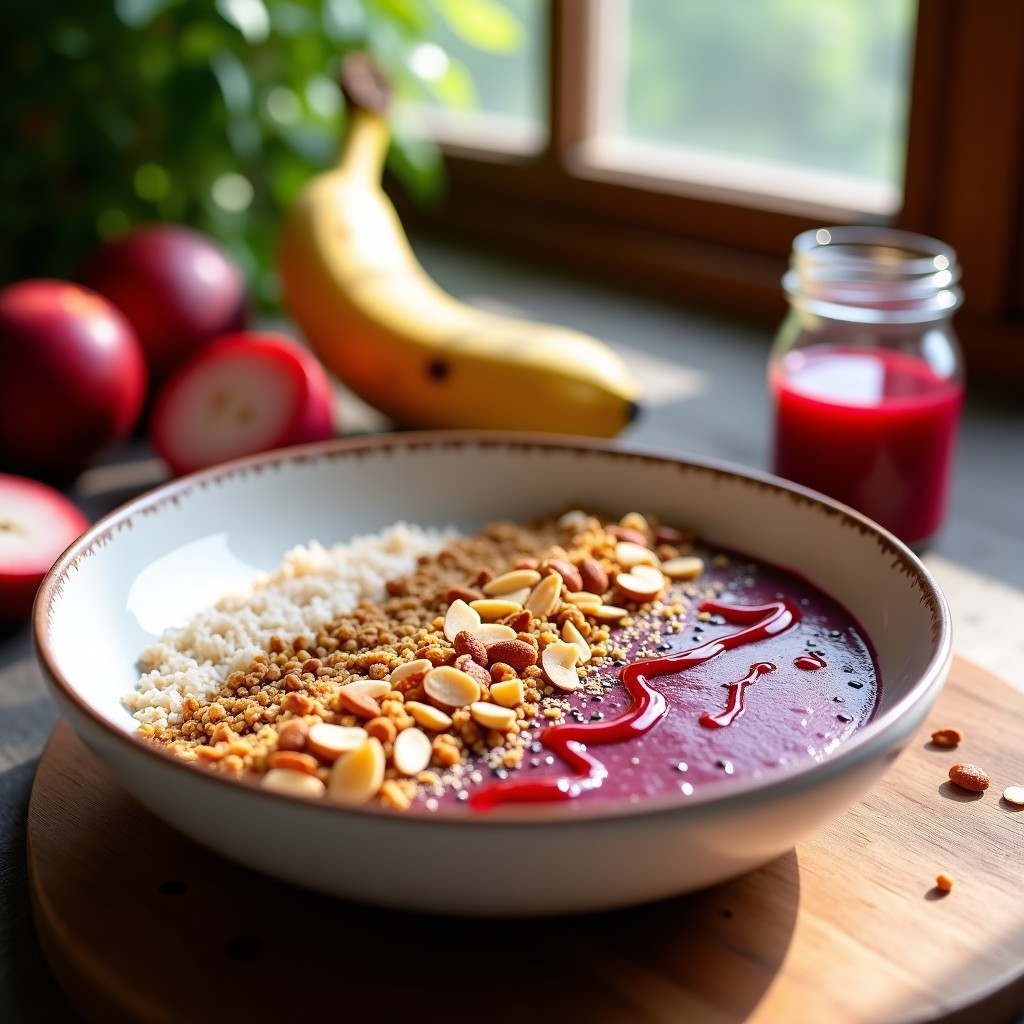 Açaí Bowl con Granola de Quinoa y Salsa de Acerola: Desayuno Brasileño Antioxidante