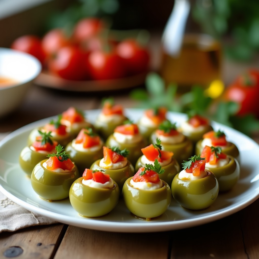 Aceitunas verdes grandes rellenas de una mezcla cremosa de pimientos asados rojos, anchoas y queso, dispuestas en una fuente de cerámica blanca con perejil picado y un hilo de aceite de oliva. Tapa española tradicional y apetitiva.