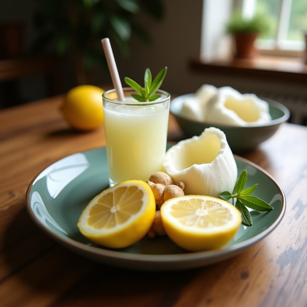 Vaso alto transparente con bebida de agua de coco, limón y jengibre, decorado con rodajas de limón, hojas de menta y hielo picado sobre una mesa de madera con luz natural, refresco detox bajo en calorías.