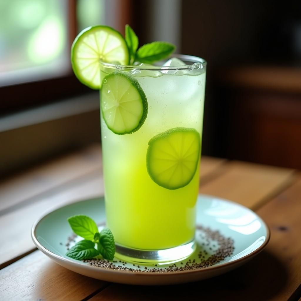 Vaso alto de cristal transparente con agua fresca de pepino, menta y lima con semillas de chía, decorado con rodajas de pepino, hojas de menta y cubos de hielo, sobre una mesa de madera rústica con luz natural.