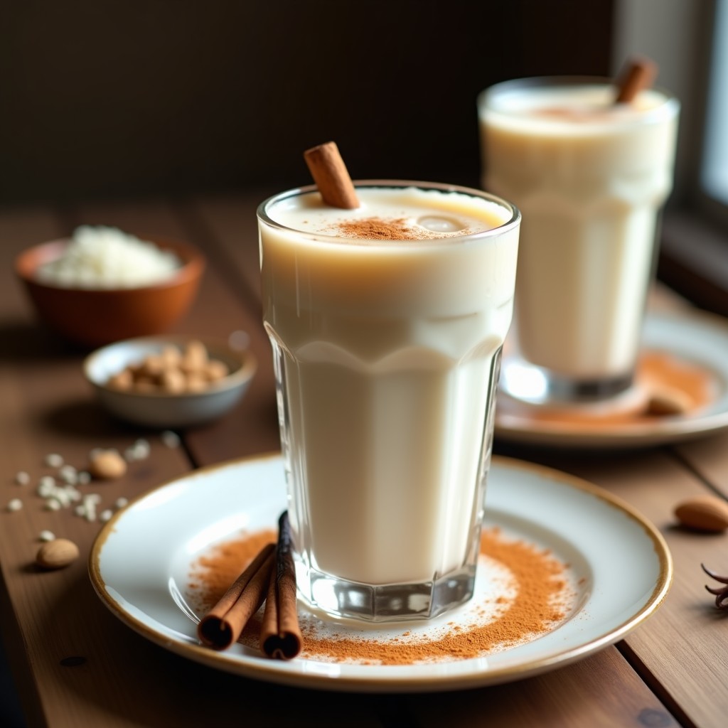 Vaso alto de cristal lleno de agua de horchata con canela y vainilla sin azúcar, de color blanco cremoso y espolvoreado con canela en polvo, con una rama de canela y un palito de vainilla como decoración, sobre una mesa rústica de madera con ingredientes al fondo: arroz, almendras y semillas de anís.