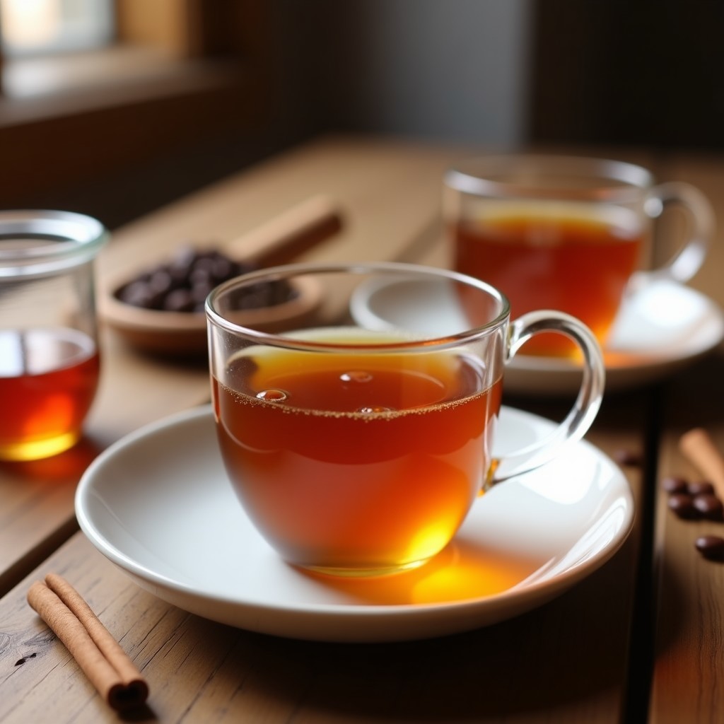 Copas de cristal transparente servidas con aiguardent de café y miel con canela, sobre una mesa rústica de madera con una rama de canela y granos de café al fondo.