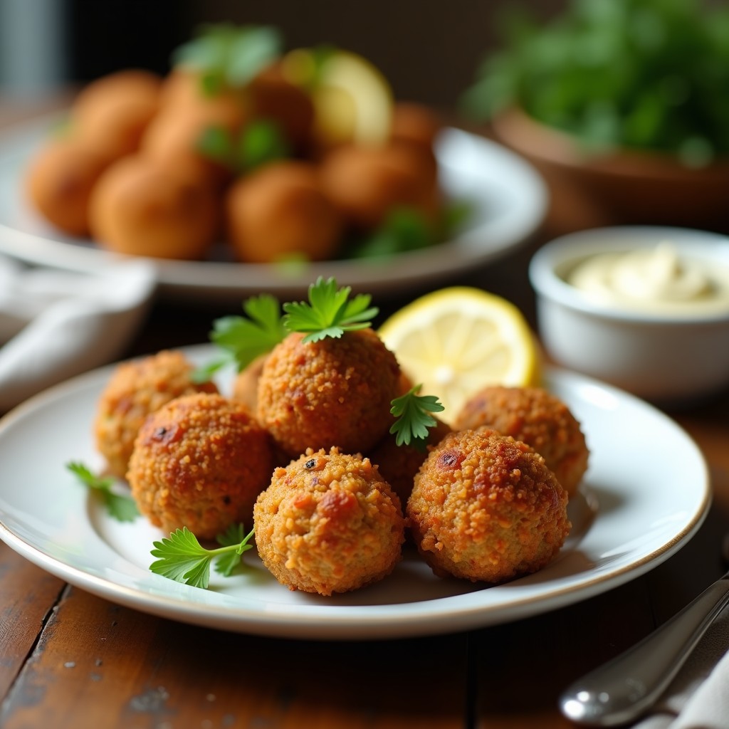 Albóndigas doradas y crujientes de atún con pan rallado de lino en airfryer, servidas sobre un plato blanco con hierbas frescas y rodajas de limón, receta keto sin harina.