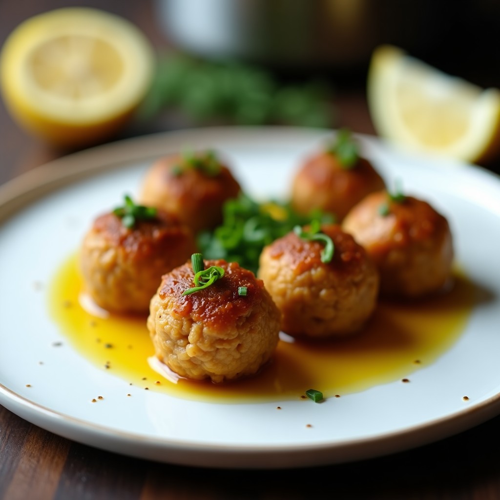 Plato blanco con albóndigas doradas de berberecho y algas wakame, decoradas con cebollino picado y un hilo de aceite de sésamo. Fondo minimalista con toques de verde de algas y limón.