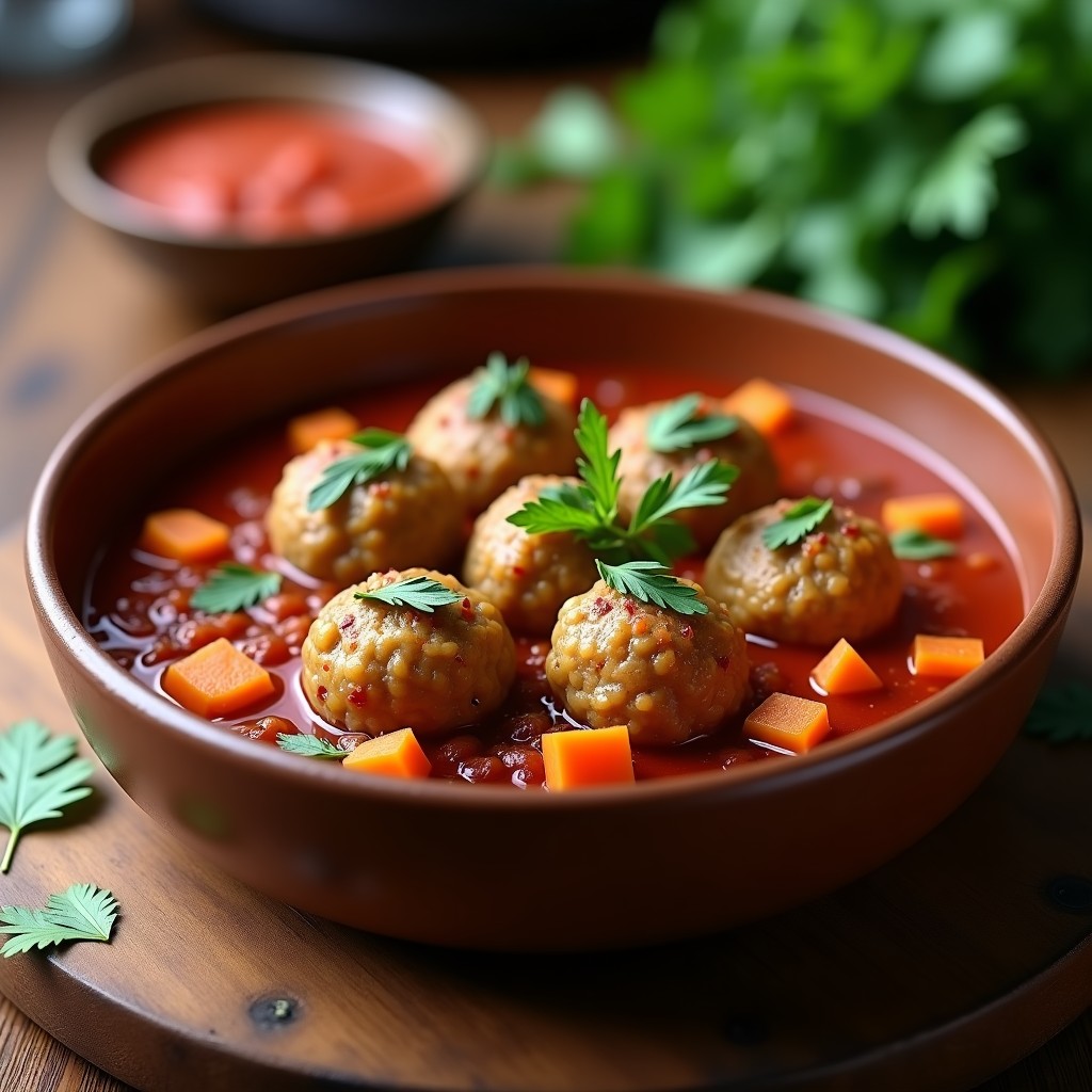 Plato hondo de barro con albóndigas de berenjena y arroz salvaje veganas en salsa de tomate espesa, decoradas con perejil fresco. Fondo rústico con pan integral tostado y una cuchara de madera.