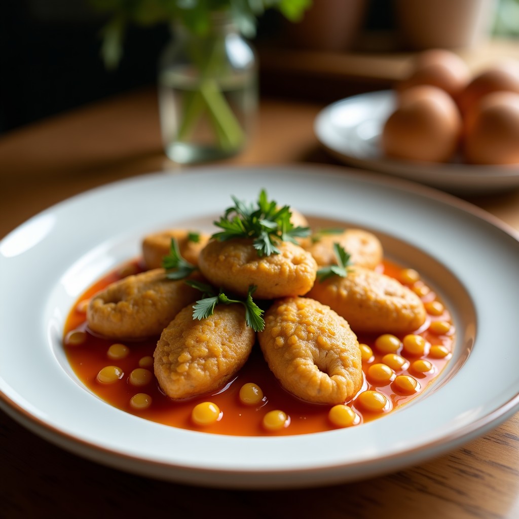 Albóndigas doradas de berenjena y garbanzos al horno, brillantes por el glaseado de granada, servidas en plato blanco con semillas de sésamo y perejil fresco. Receta vegana y sin gluten.