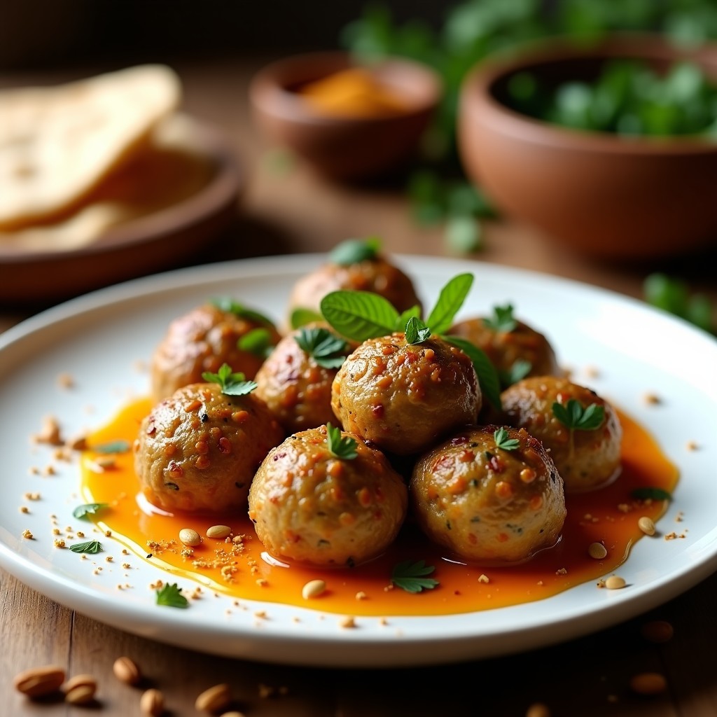 Albóndigas doradas de berenjena y semillas de girasol servidas en un plato de cerámica blanca, espolvoreadas con zaatar y acompañadas de pan de pita integral, con un fondo de especias árabes y hierbas frescas.