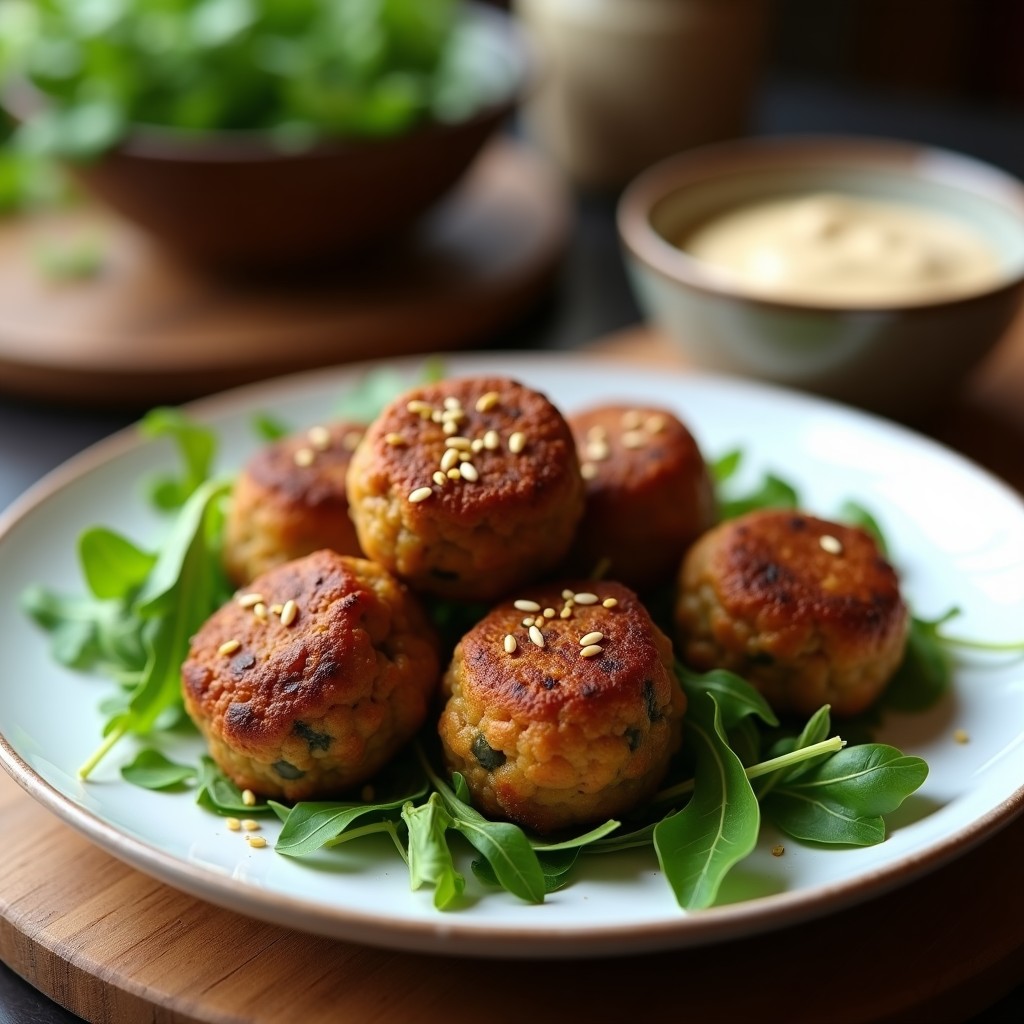 Albóndigas doradas y crujientes de berenjena y lentejas servidas en un plato blanco, con un fondo de ensalada verde y salsa de yogur. Receta en airfryer sin gluten y alta en fibra.