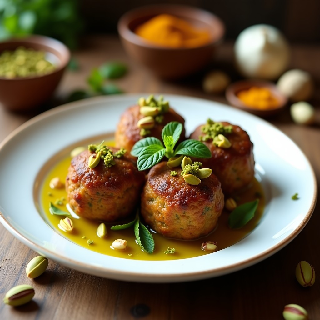 Plato de albóndigas de berenjena y pistacho persas doradas en sartén antiadherente, decoradas con pistachos enteros y menta fresca, con fondo de especias y hierbas.