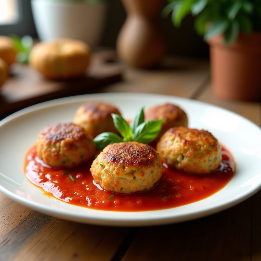 Albóndigas doradas de berenjena y queso ricotta en plato blanco, con textura crujiente por fuera y cremosa por dentro, acompañadas de hojas de albahaca fresca y un hilo de aceite de oliva virgen extra.