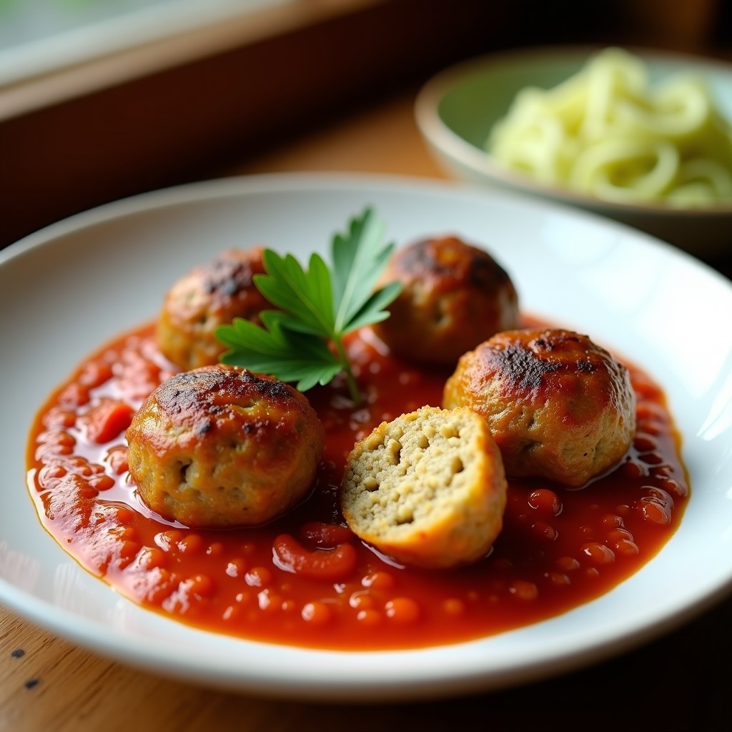 Plato blanco con albóndigas doradas de berenjena y quinoa bañadas en salsa de tomate casera, decoradas con hojas de albahaca fresca y un hilo de aceite de oliva virgen extra.