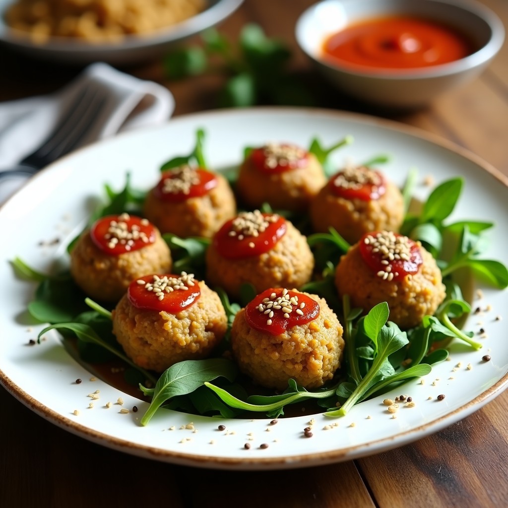 Plato blanco con albóndigas doradas de berenjena y semillas de girasol, decoradas con perejil fresco y semillas tostadas, sobre un fondo rústico de madera con salsa de tomate al lado. Receta vegana alta en fibra.