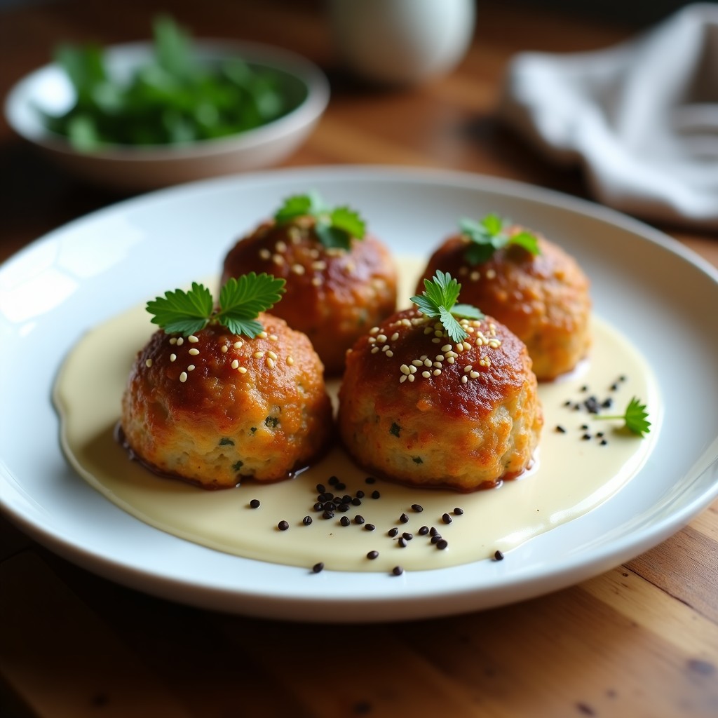 Albóndigas doradas y crujientes de berenjena y semillas de sésamo servidas en un plato blanco con salsa cremosa y hierbas frescas, receta en airfryer sin aceite.