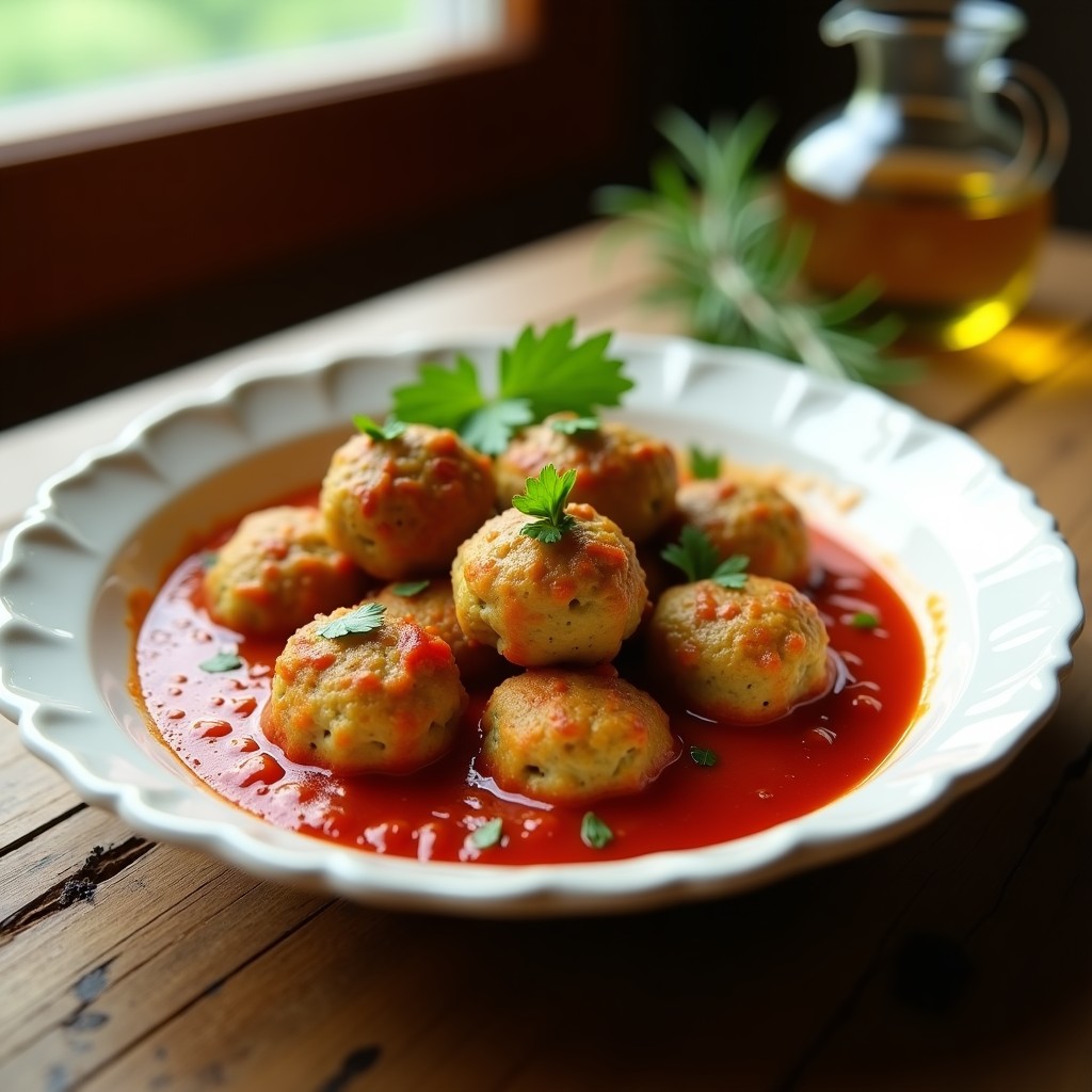 Plato hondo de cerámica blanca con albóndigas doradas de calabacín y harina de guisante en salsa de tomate espesa, decoradas con perejil fresco y semillas de sésamo. Fondo con textura de madera rústica y cucharón de madera. Receta vegana sin soja en olla lenta.