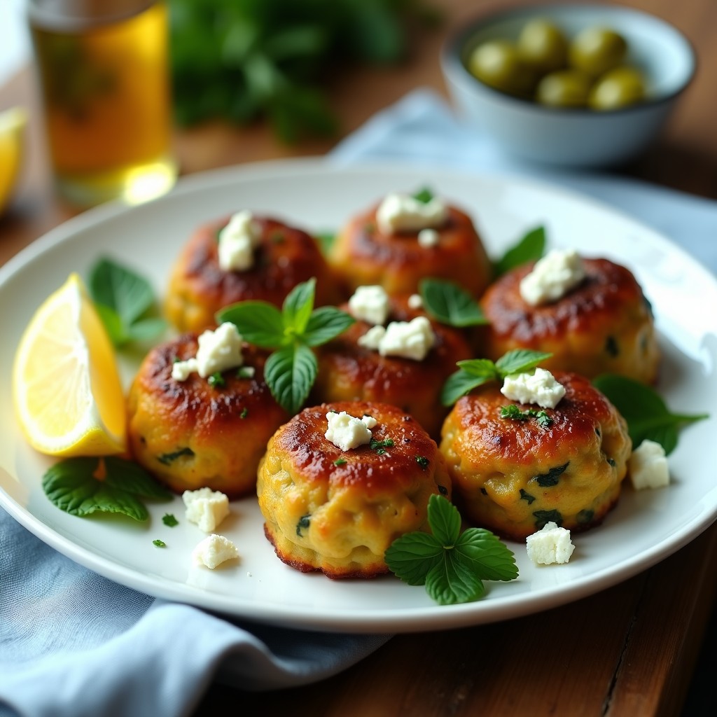 Plato blanco con albóndigas doradas de calabacín y queso feta, decoradas con perejil fresco y menta, servidas con un hilo de aceite de oliva. Receta griega en olla express sin harina.