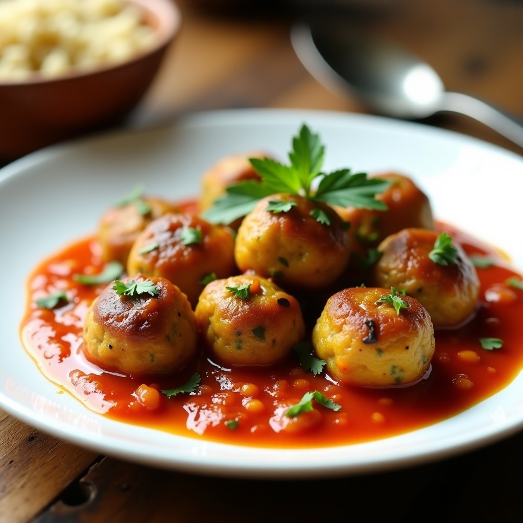Plato blanco con albóndigas doradas de calabacín y semillas de calabaza, servidas sobre un lecho de puré de patata cremoso y decoradas con perejil fresco. Receta vegana y sin gluten cocinada en olla exprés.