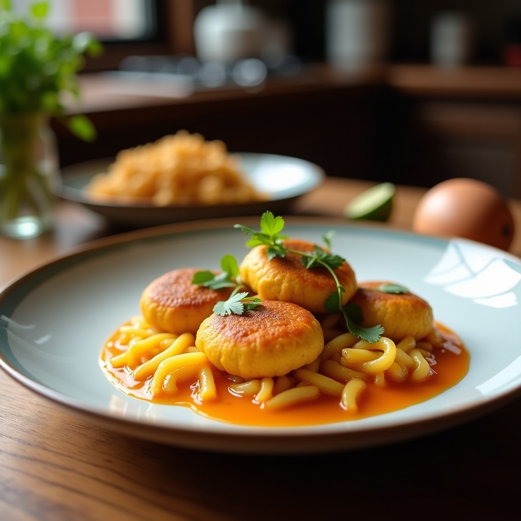 Plato blanco con albóndigas doradas de calabaza y garbanzos, coronadas con yemas de huevo escabechadas de color amarillo intenso, decoradas con semillas de sésamo y perejil fresco. Fondo con especias árabes y un toque de vinagre de manzana.