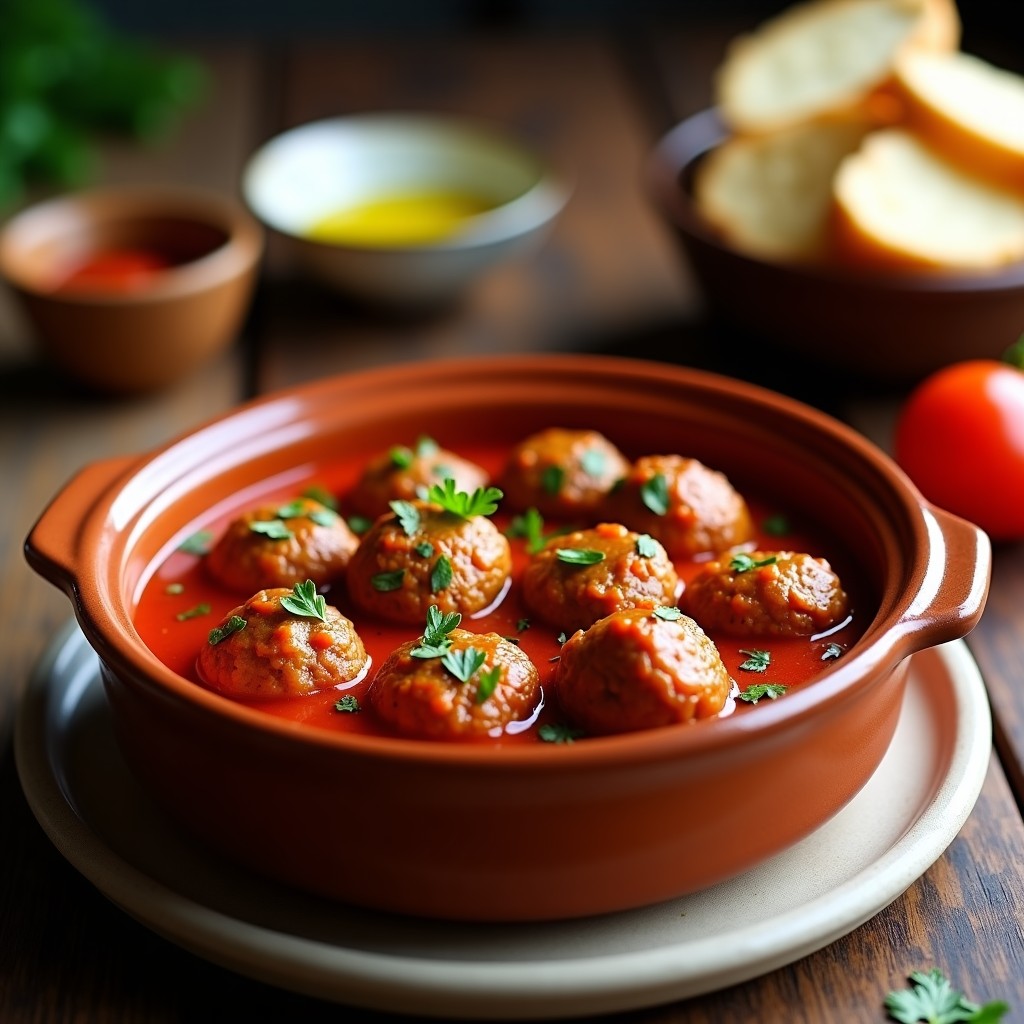 Plato hondo de barro con albóndigas caseras en salsa de tomate espesa, acompañadas de perejil fresco picado. Receta tradicional española fácil y económica.