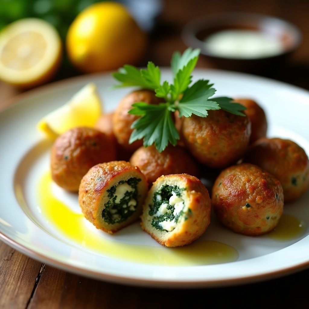 Albóndigas doradas de espinacas y queso feta sin carne ni gluten, servidas en plato blanco rústico con semillas de sésamo y perejil fresco, receta griega en Thermomix.