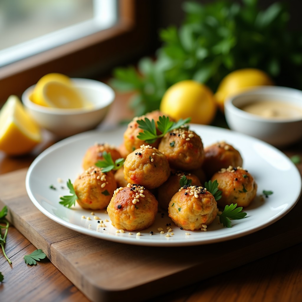 Albóndigas doradas de garbanzo y alcachofa al vapor en Thermomix, servidas en plato blanco con semillas de sésamo y perejil fresco, acompañadas de salsa de limón.