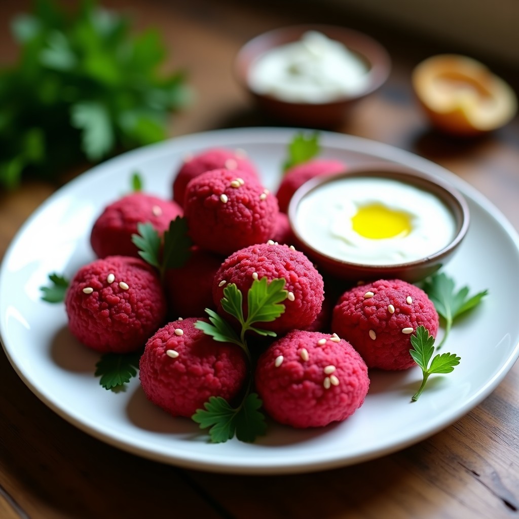 Albóndigas doradas de garbanzo y remolacha en airfryer, con color vibrante rosa intenso, rebozadas en semillas de sésamo, servidas en un plato blanco con dip de yogur y hierbas frescas al lado.