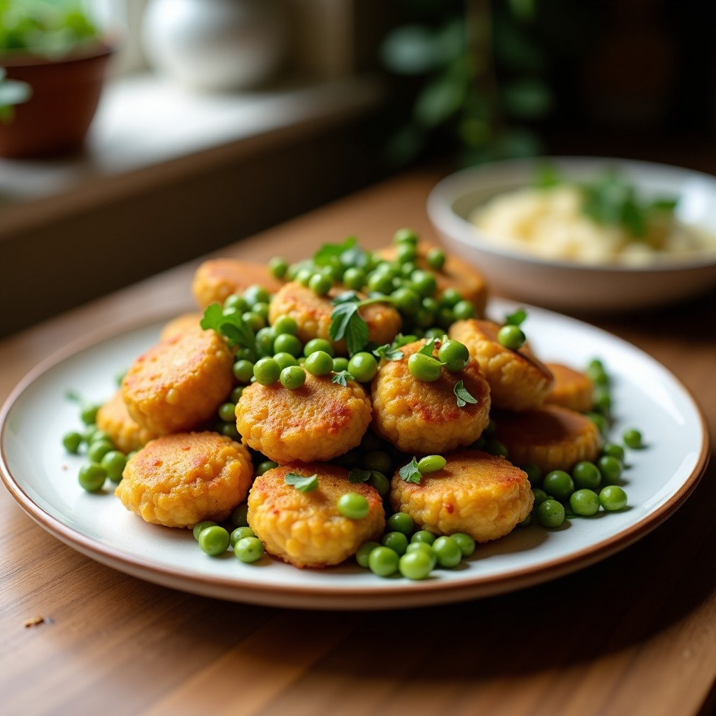 Plato hondo de barro con albóndigas de garbanzos y aceitunas verdes en salsa de tomate espesa, decoradas con semillas de sésamo y perejil fresco. Receta vegana española en olla lenta, servida con pan integral al lado.