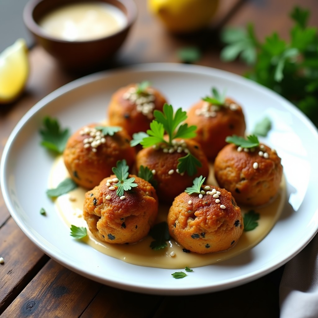 Albóndigas de garbanzos y algas veganas doradas en airfryer, con textura crujiente por fuera y esponjosa por dentro, servidas en un plato blanco con salsa de tahini y semillas de sésamo, acompañadas de tiras de alga nori y perejil fresco.