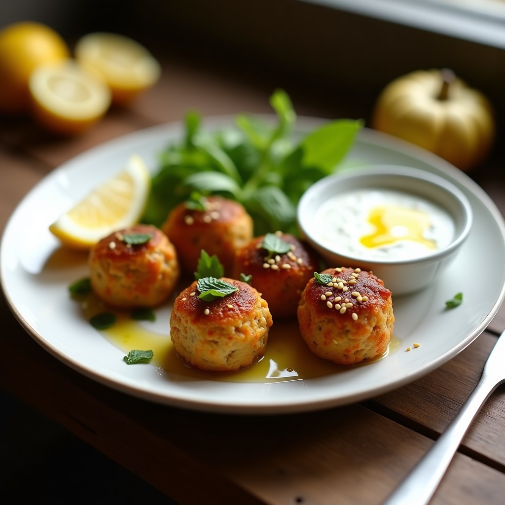 Albóndigas veganas doradas de garbanzos y cañihua servidas en un plato blanco con salsa de yogur de soja y menta, acompañadas de rodajas de limón y semillas de sésamo espolvoreadas. Receta alta en proteína en airfryer.