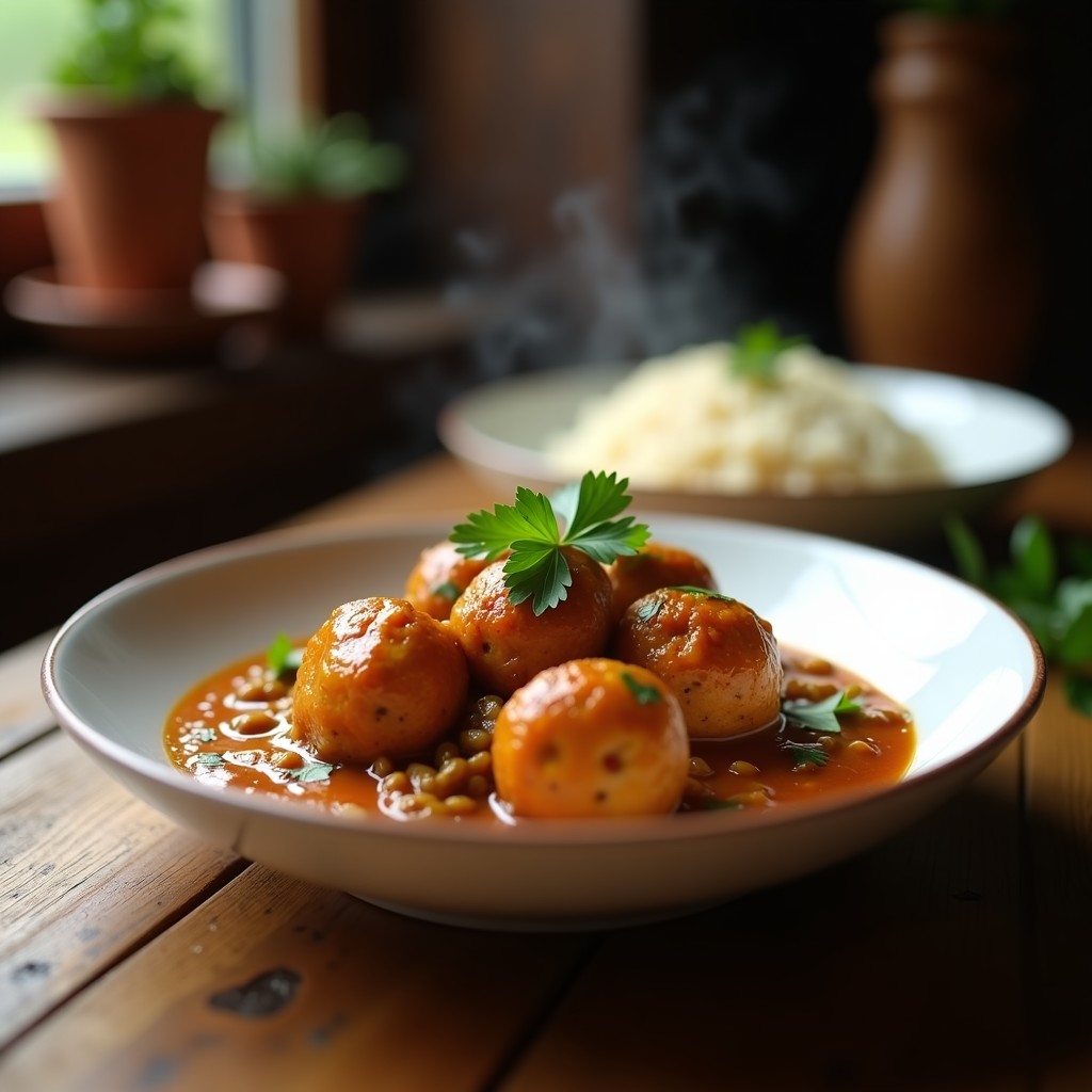 Plato hondo de cerámica blanca con albóndigas doradas de jackfruit y lentejas bañadas en salsa especiada de garam masala, decoradas con cilantro fresco y acompañadas de arroz basmati. Receta vegana en olla express con toque indio.