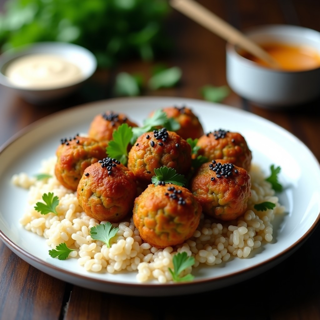 Plato blanco con albóndigas doradas y crujientes de lentejas y algas nori, decoradas con semillas de sésamo negro y perejil fresco. Receta vegana con sabor a mar en Airfryer, servidas sobre un lecho de arroz integral con una salsa cremosa al lado.