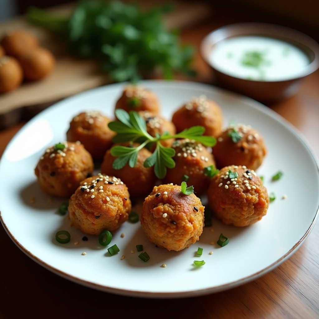 Plato blanco con albóndigas de lentejas beluga y hinojo doradas y crujientes, servidas sobre una cama de hojas verdes, con un toque de perejil fresco y un fondo rústico de madera. Receta en airfryer sin aceite.