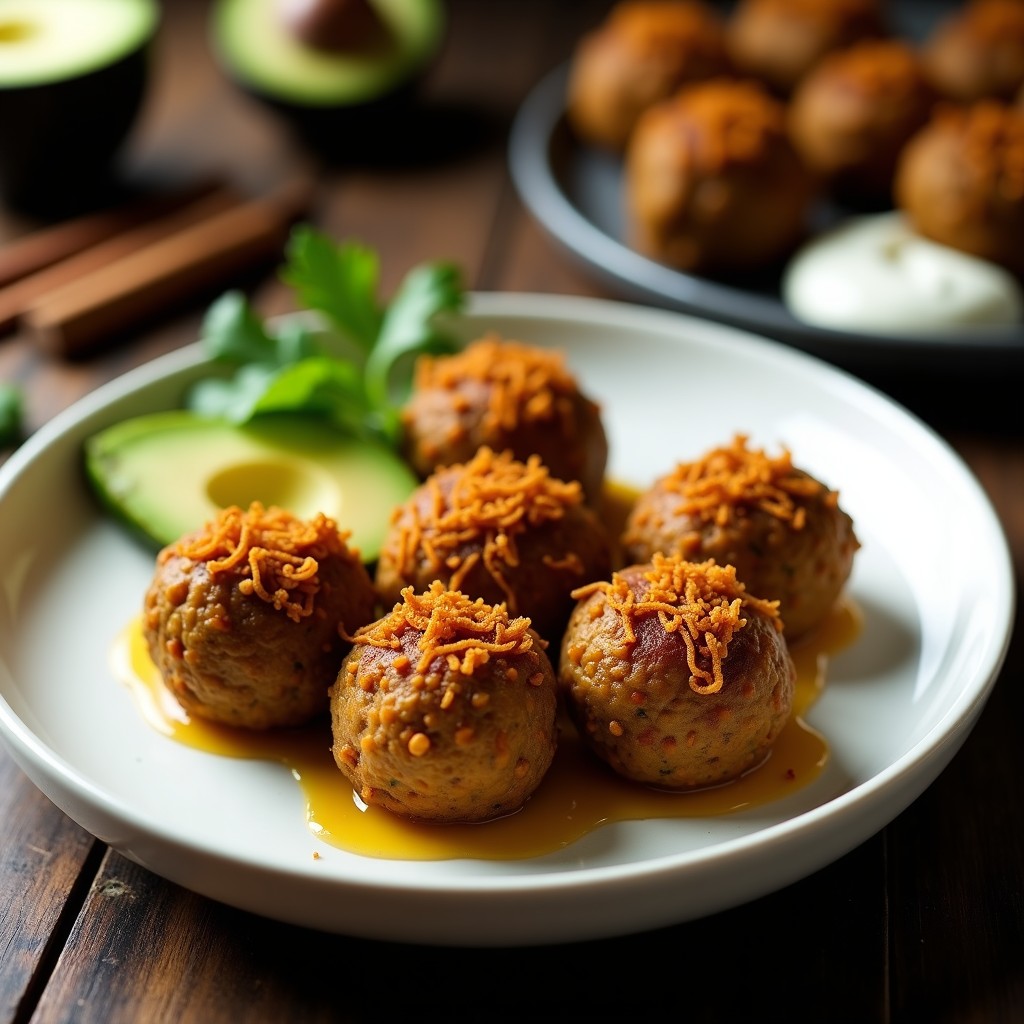 Albóndigas doradas y crujientes de lentejas beluga con trozos de algodón de azúcar de ajo caramelizado, espolvoreadas con semillas de sésamo y pimienta de Alepo, servidas en un plato blanco con fondo de madera rústica. Receta iraní vegana en airfryer.