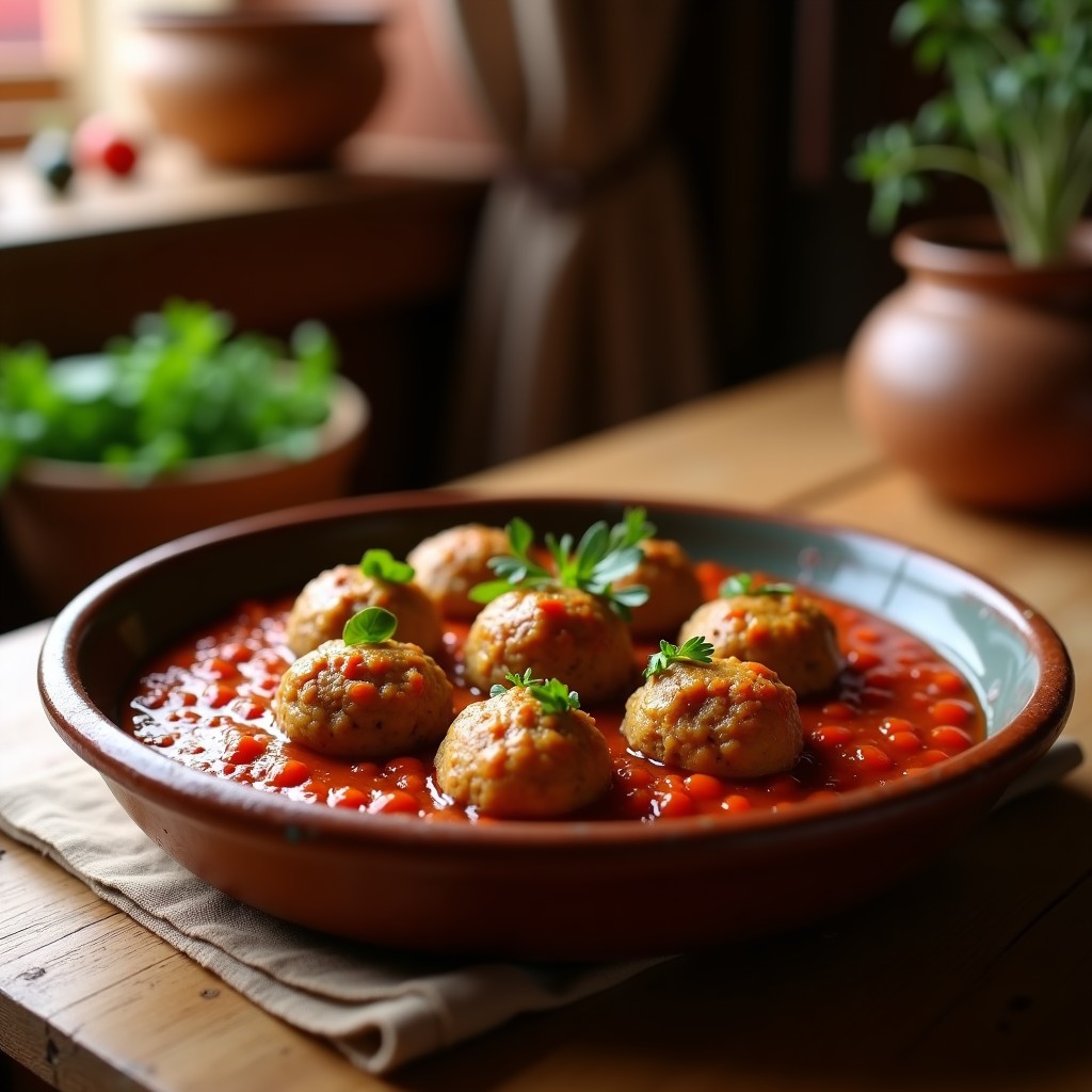 Plato hondo de barro con albóndigas de lentejas beluga doradas, bañadas en salsa de tomate espesa con especias beréber, decoradas con perejil fresco y un hilo de aceite de oliva, sobre fondo rústico de madera.