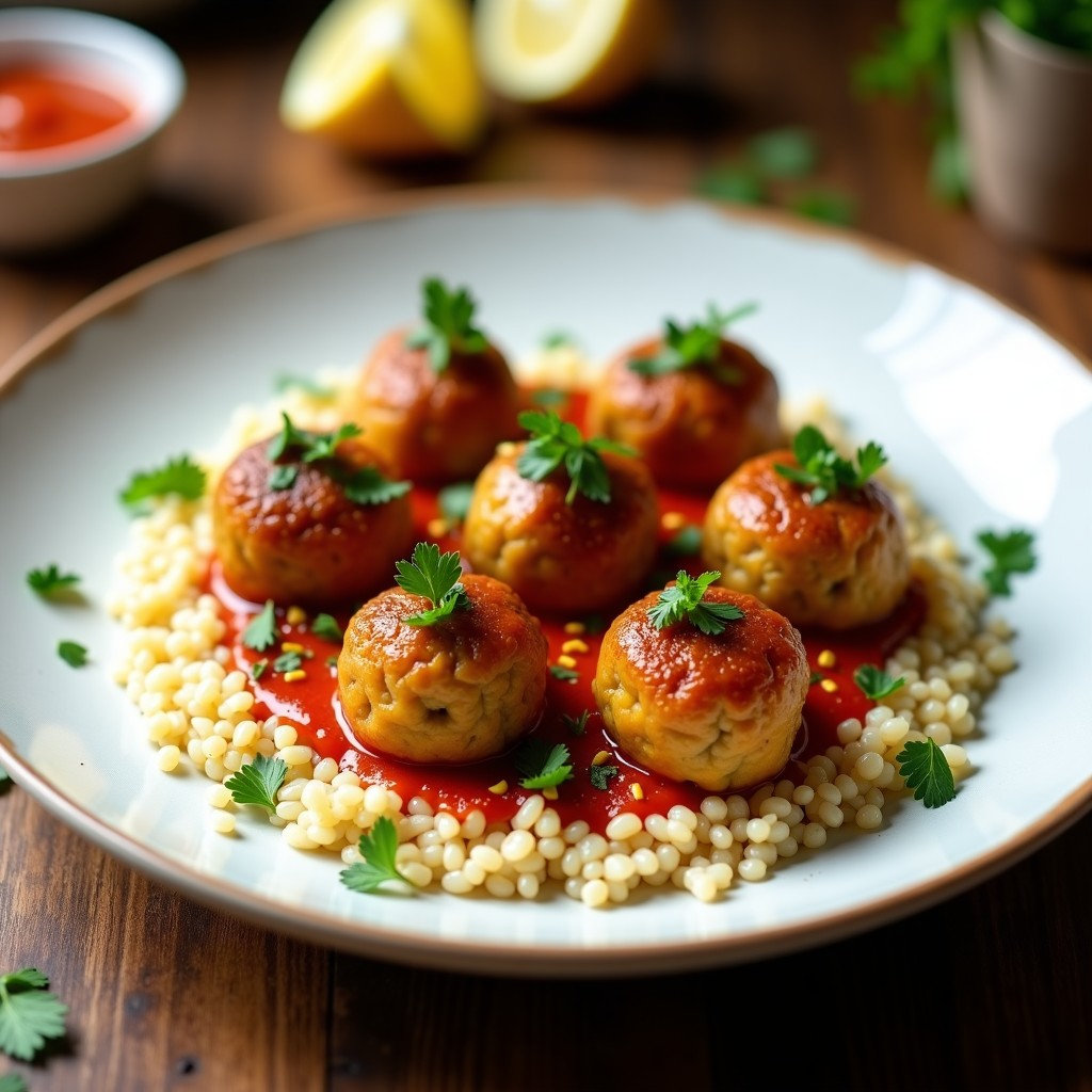 Plato blanco con albóndigas doradas de lentejas corail y alcachofas, servidas sobre un lecho de quinoa y decoradas con perejil fresco y un chorrito de aceite de oliva. Receta vegana y sin gluten en olla exprés.
