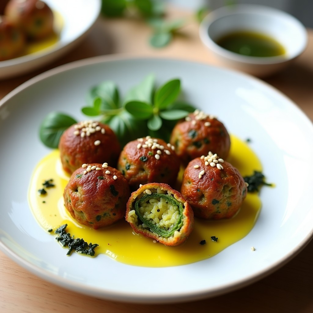 Plato blanco con albóndigas de lentejas corail y espirulina en Thermomix, doradas por fuera y verdes por dentro, acompañadas de salsa de limón confitado y algas nori, con semillas de sésamo espolvoreadas.