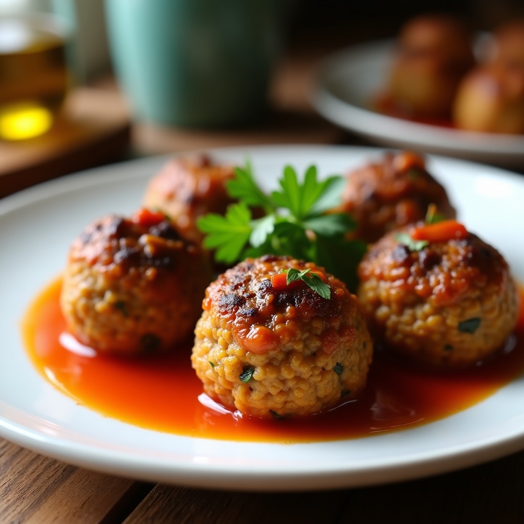 Plato blanco con albóndigas de lentejas y hongos portobello doradas en airfryer, servidas con salsa de tomate espesa y perejil fresco. Textura crujiente por fuera y jugosa por dentro, ideal para receta vegana alta en proteína.