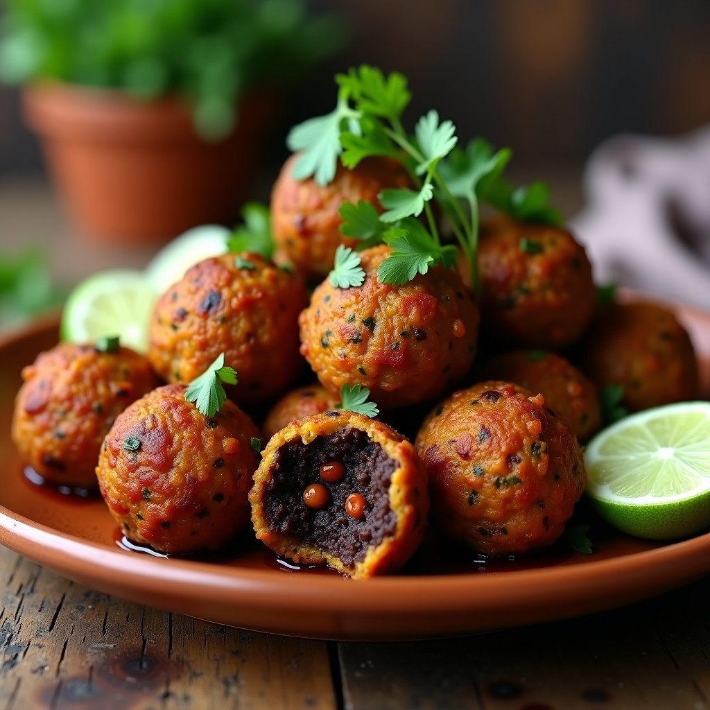 Albóndigas doradas y crujientes de lentejas negras con trozos visibles de chipotle, servidas en un plato de barro con cilantro fresco y rodajas de limón, sobre un fondo rústico.