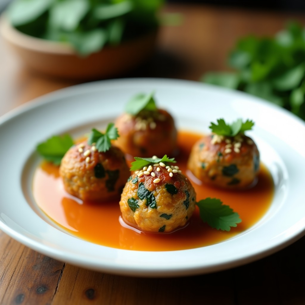 Plato blanco con albóndigas doradas de lentejas rojas y espinacas, espolvoreadas con semillas de sésamo, sobre un lecho de salsa ligera de caldo vegetal, acompañadas de cilantro fresco. Receta en olla express sin gluten.
