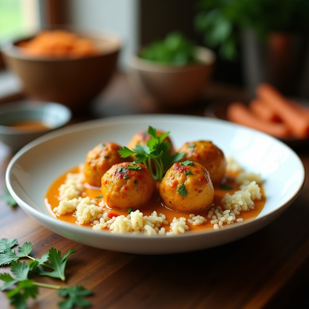Plato hondo de cerámica blanca con albóndigas doradas de lentejas rojas y zanahoria al curry, bañadas en salsa cremosa de color naranja, decoradas con cilantro fresco y acompañadas de arroz basmati. Receta vegana en olla express.