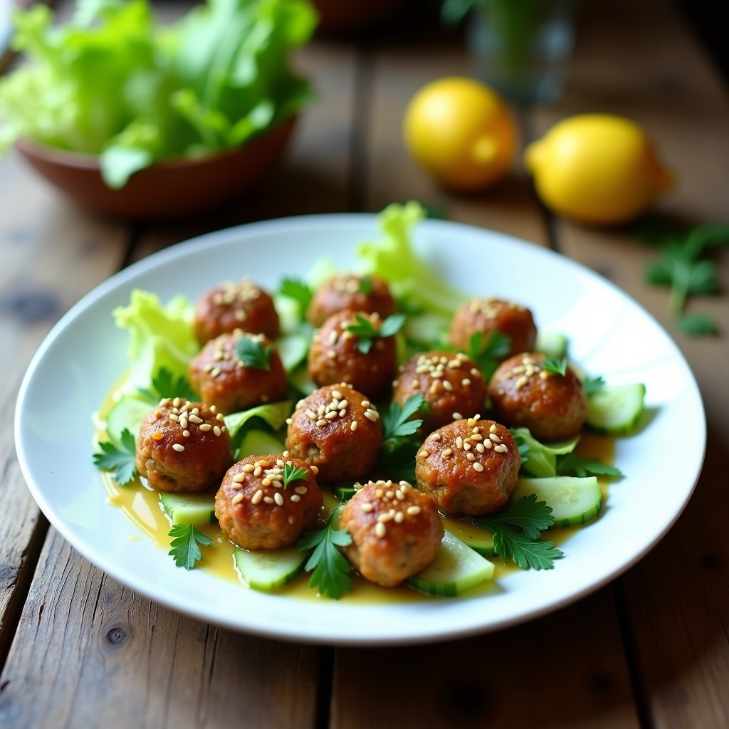 Plato blanco con albóndigas de Mercimek Köfte veganas sin cocción, decoradas con semillas de sésamo y rodeadas de hojas de lechuga y rodajas de limón, receta tradicional turca adaptada.