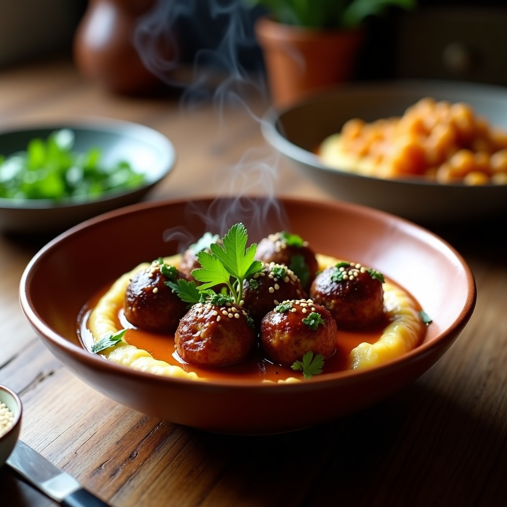 Plato hondo de barro con albóndigas de merlinaza y garbanzos veganas, bañadas en un caldo dorado y umami, decoradas con perejil fresco y semillas de sésamo tostadas, servidas sobre un lecho de puré de coliflor cremoso.