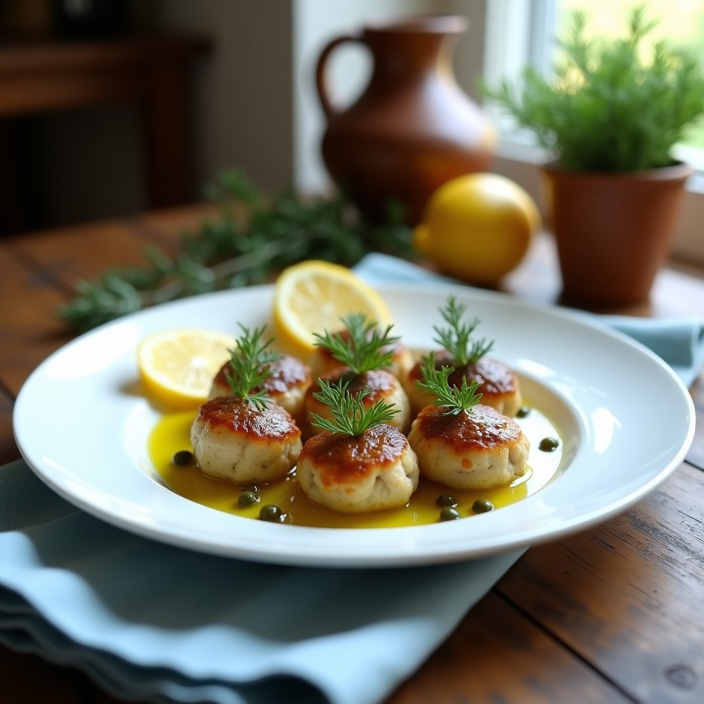 Plato blanco con albóndigas de merluza y alcaparras griegas, doradas y jugosas, servidas sobre una cama de hojas de lechuga y decoradas con rodajas de limón y perejil fresco, con un fondo de ensalada griega con aceitunas kalamata.